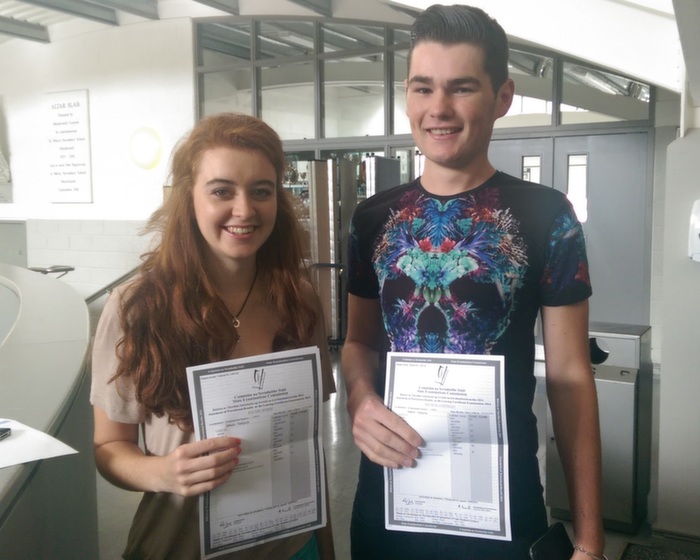 Receiving their Leaving Cert results in Mercy Mounthawk were, Rachel Byrne and Mícheál Costello. Photo by Gavin O'Connor.