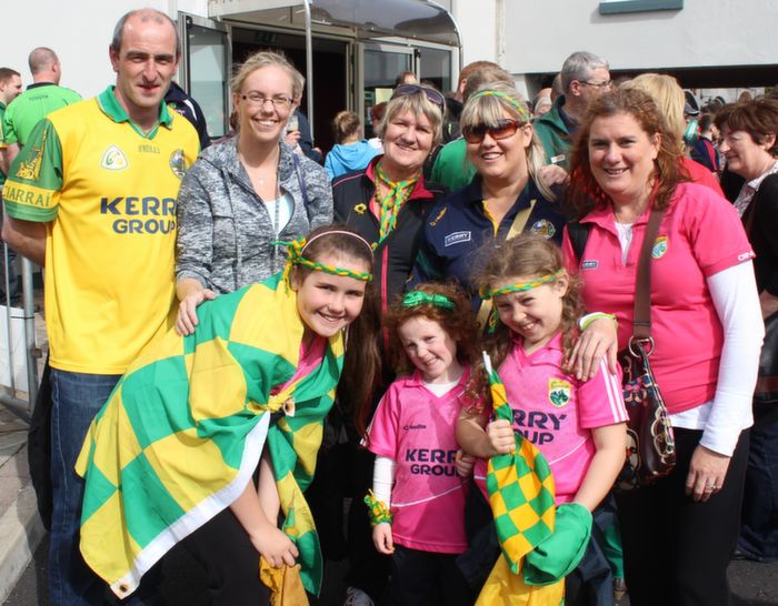 William Reen, Deirdre Leyden, Mary Morley, Claire Reen, Martina Morley, with, in front, Hannah Reen, Katie Clifford and Mia Reen, Rathmore and Gneeveguilla, at the Ardhú Bar near the Gaelic Grounds, prior to Saturday's big match. Photo by Dermot Crean