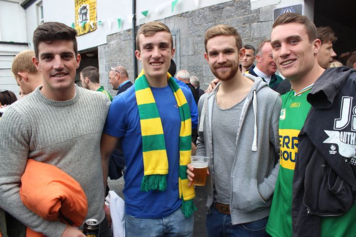 John McGrath, Gary Nolan, Tom Healy and Paul Lawless, Tralee,  at the Ardhú Bar near the Gaelic Grounds before the match on Saturday. Photo by Dermot Crean