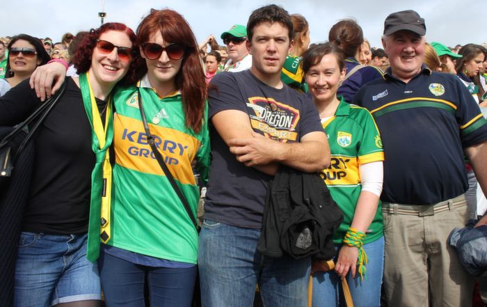 Linda and Catriona O'Connor, Neil Roche, Fiona O'Shea and Denis O'Shea, Tralee, Kenmare and Wexford at the City End Terrace in the Gaelic Grounds on Saturday. Photo by Dermot Crean