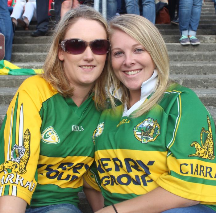 Ciara Kennelly and Kim Sugrue, Ballybunion, at the City End Terrace in the Gaelic Grounds on Saturday. Photo by Dermot Crean