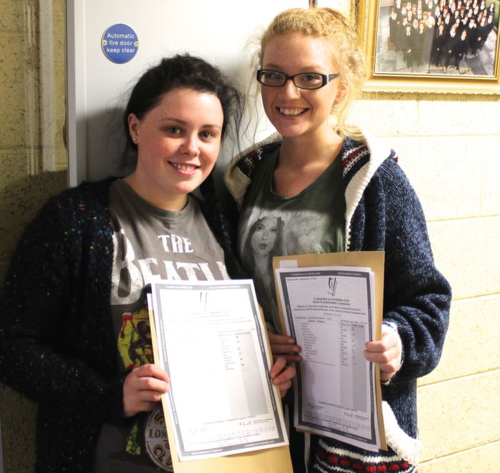 Shannon Leahy and Deirdre Glavin with their Leaving Cert results at Presentation Tralee on Wednesday morning. Photo by Dermot Crean