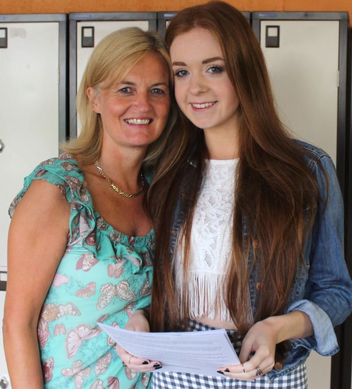 Deputy Principal of Presentation Tralee Chrissie Kelly with her daughter Leah who received her Leaving Cert results at the school on Wednesday morning. Photo by Dermot Crean