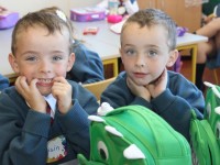 Twins Oisin and Fionn Cotter on their first day at school in Scoil Eoin on Thursday morning. Photo by Dermot Crean