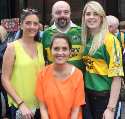 Sarah Daly, Denis Griffin, Katie Dillane and in front, Clare Daly, Tralee, outside The Palace Bar before heading for Croke Park on Sunday. Photo by Dermot Crean