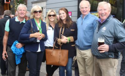 Ger, Jennifer and Laura, Jilly O'Keeffe, Tralee, with Jim Donovan, Cork and Eamon MacSweeney, Tipperary, outside The Palace Bar before heading for Croke Park on Sunday. Photo by Dermot Crean