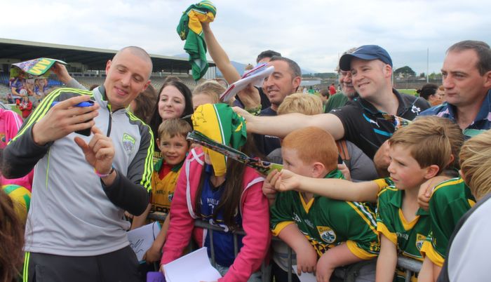 Kieran Donaghy takes a selfie with Amy Grady of Killarney's phone, at the Kerry Supporters Open Day at Fitzgerald Stadium on Saturday. Photo by Dermot Crean