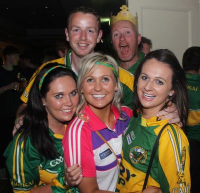 In front, Linda Cronin, Louise O'Shea, Bernie Cronin with, at back, Pierce Kearney and Christy Keane, Ballinskelligs, at the Kerry after-match function in the Ballsbridge Hotel on Sunday night. Photo by Dermot Crean