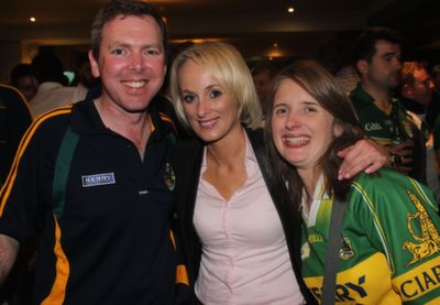 Andrew O'Connell, TV3's Sinead Kissane and Marguerite Dineen at the after-match function in the Ballsbridge Hotel on Sunday night. Photo by Dermot Crean