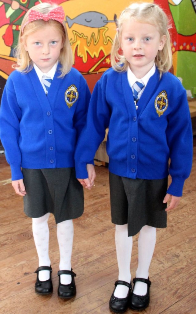 Twins Ola and Patrycja Blasczyk at CBS Clounalour on their first day at school on Monday. Photo by Dermot Crean