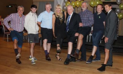 Ogie Moran, Cormac Coffey, Sean Walsh, Miriam O'Callaghan, Jimmy Deenihan, Eoin Liston, Noel Kennelly and Maurice Fitzgerald showing a bit of leg at the 'Kerry GAA Stars Lovely Legs Competition' at the Fels Point Hotel on Saturday night. Photo by Dermot Crean