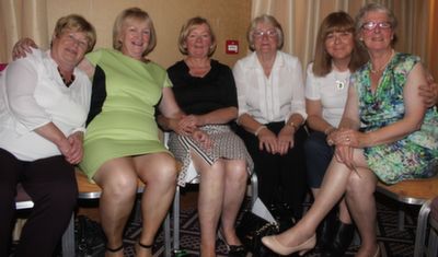 Betty O'Rourke, Bridget O'Shea, Margaret Fitzgerald, Phil Gleeson, Mary Farmer and Kay Stack, at the 'Kerry GAA Stars Lovely Legs Competition' at the Fels Point Hotel on Saturday night. Photo by Dermot Crean