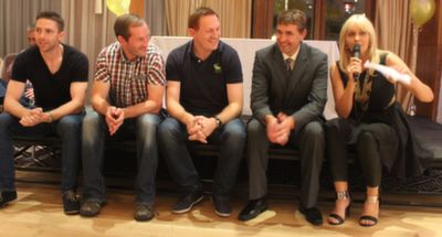 Marc O Se, Donal Daly, Noel Kennelly and Maurice Fitzgerald are interviewed by Miriam O'Callaghan at the 'Kerry GAA Stars Lovely Legs Competition' at the Fels Point Hotel on Saturday night. Photo by Dermot Crean