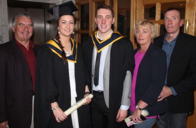 Kirsty McCrea and Barry O'Hare both from Dundalk who graduated Health and Leisure with, Cyril McCrea, Pamela O'Hare and Fergal O'Hare. Photo by Gavin O'Connor. 