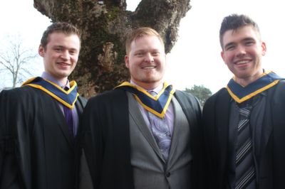 Martin Melson, Offaly, Jamie McMahon, Cork and Conor O'Shea, Offaly, all graduated Health and Leisure. Photo by Gavin O'Connor. 