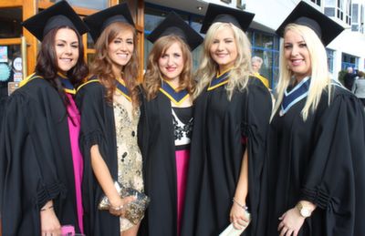 Niamh O'Donoghue, Dunmanway, Breda Griffin,  Limerick, Caroline Creedon, Lisa McGill, Portmagee who all qualified in Nursing and Ashling Reidy, Ballingarry, Limerick who qualified in Childcare, at the IT Tralee graduation ceremony on Friday. Photo by Dermot Crean