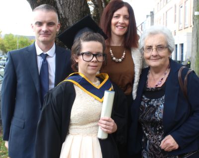 Kaylee O'Connor, Tralee, who received a degree in General Nursing with her parents Philip and Marian and grandmother Irene, at the IT Tralee graduation ceremony on Friday. Photo by Dermot Crean