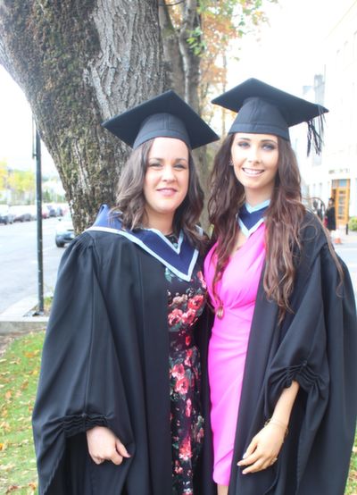 Jennifer O'Carroll, Tralee, who received the Social Care Ireland award for receiving top marks in her course, received her degree in Social Care with Maura Conroy from Currow, who also received the same degree, at the IT Tralee graduation ceremony on Friday. Photo by Dermot Crean