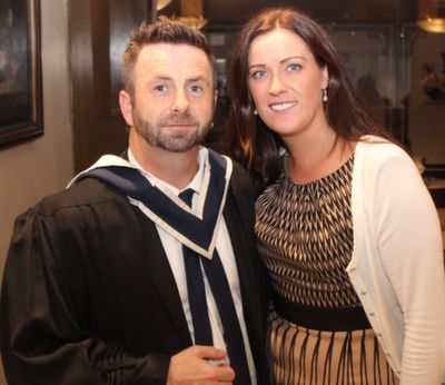 Murt Mulcahy, Castlegregory, who received his award in TV and Radio and New Media Broadcasting with Mairead Moriarty at the IT Tralee graduation ceremony on Friday. Photo by Dermot Crean