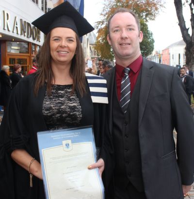 Noreen McElligott, Ardfert who received a Higher Certificate in Office and Information Systems with her husband Paudie at the IT Tralee graduation ceremony on Friday. Photo by Dermot Crean