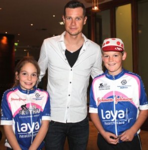 Katie and Dara Reidy, with Tour de France cyclist, Nicolas Roche. Photo by Gavin O'Connor. 