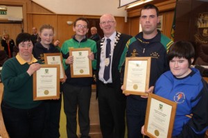 Representatives of the five Kerry Special Olympics clubs, with Mayor of Kerry, John Brassil at the Special Olympics civic reception in Kerry County Council buildings were, From left: Cliodhna Palmer, Eoin O'Sullivan, Cllr John Brassil, Brendan O'Sullivan and Bronagh Enright. Photo by Gavin O'Connor. 