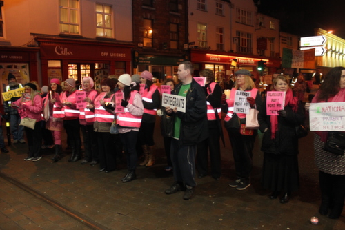 The 'Pink Ladies' peaceful  protest against the water charges outside the Brogue in where Tánaiste, Joan Burton held a meeting with local members of the Labour Party. Photo by Gavin O'Connor. 