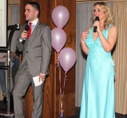 MCs Andrew Morrissey and Elaine Kinsella on stage at the 'Dress Haven' fundraiser in aid of Recovery Haven in the Fels Point Hotel on Saturday night. Photo by Dermot Crean