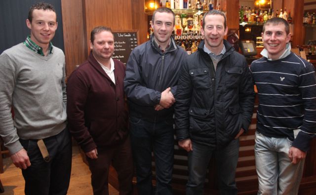At The Enable Ireland Cheltenham Preview night in association with Paddy Power at the Fels Point Hotel, were, from left: Jerry Mangan, Con Bailey, Brian O'Connell, Jim Culloty and Phillip Enright. Photo by Gavin O'Connor.