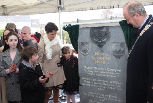 The commemorative stone being unveiled in the new Sean Crispie Park. Photo by Gavin O'Connor. 