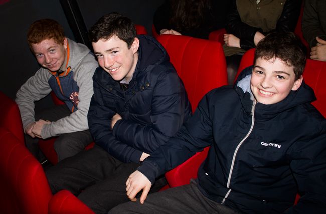 Adam De Burca, Jack McGrath, Ronan O'Brien at the Cinemobile at the Fels Point Hotel on Thursday. Photo by Oscar Brophy