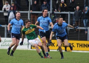 Stephen O'Brien aims for a score, while Dublin's, Philly McMahon, Tomas Brady and Darren Brady look on. Photo by Dermot Crean. 