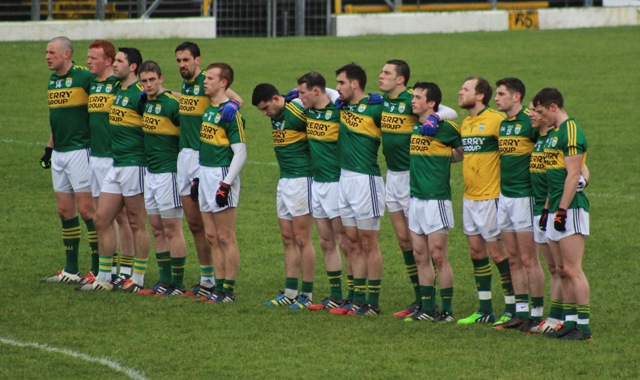 All ready suitably drench, the Kerry team line up before the start of the Allianz National League round 3 match against Dublin in Fitzgerald Stadium. Photo by Dermot Crean. 