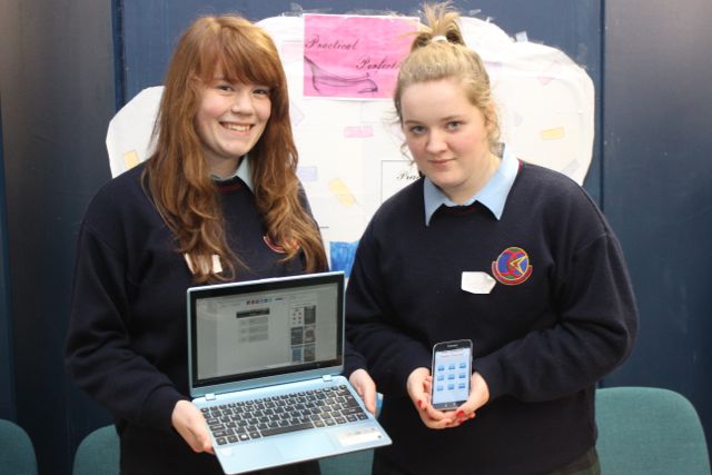 Students from Causeway Comprehensive Alena O'Connor and Jessica Lightfoot at the Kerry LEO Student Enterprise Awards at the ITT on Friday. Photo by Gavin O'Connor
