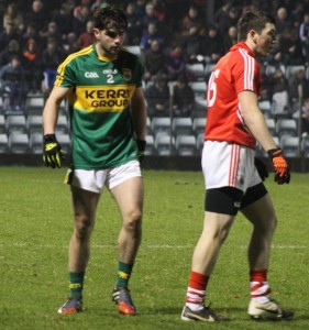 Cormac Coffey of Kerins O'Rahilly's, keeps a close reign on his man Seán O’Donoghue. Photo by Gavin O'Connor. 