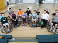 Taking part in the charity wheelchair basketball match in Mercy Mounthawk, were, front from left: Ciaran Hattar, Dept Principal Pat Fleming, Dara O'Keeffe, Dara Devine, Mark Maloney,  Liam Culloty. Back: Eoin McElligott, Giles Appleby, Donagh O'Brien, David Williams., Evan Doody,  Ronan Fitzgerald and Robbie Dinan. Photo by Gavin O'Connor.