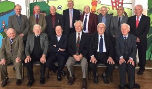 At the reunion of former members of CBS Primary School Choir on Wednesday were front, from left; Eamonn Horan, Con McCarthy, Joe Cotter, Ted O Keeffe, Liam O Connor, Paddy Breen. Back from left; Fr Padraig Walsh, John Fitzgerald, Muiris Ó Cléirigh, Denis Coleman (Principal CBS), Michael Ashe, Tim Collins, John Counihan, Paudie Murphy. Photo by Michelle Culloty
