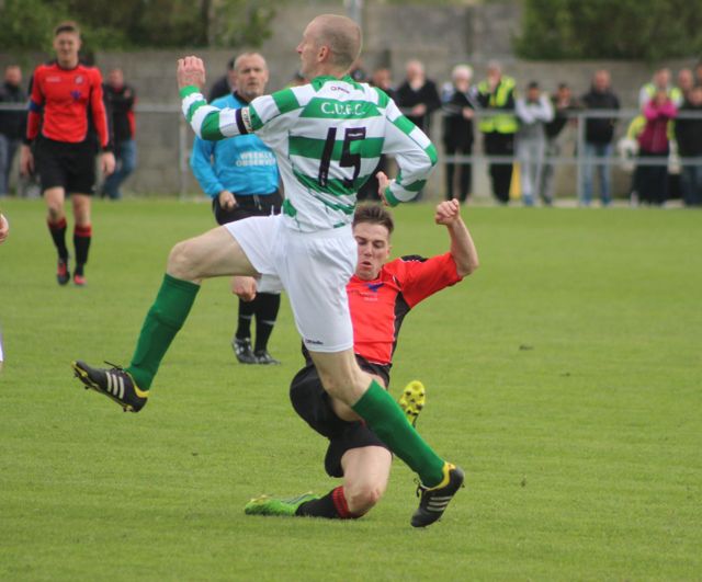 Action from the Munster Junior Cup final between, Tralee Dynamos and Carrick United. Photo by Dermot Crean. 