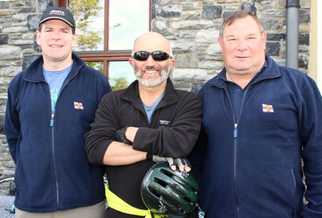 Raphael Crowley, Dan Counihan and Michael O'Connor at the start of the Fenit Lifeboat Cycle from O'Donnell's Mounthawk on Saturday morning. Photo by Dermot Crean