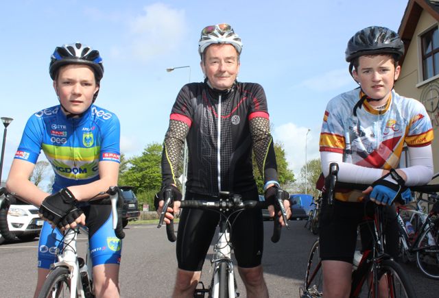 Robbie Scott, Colin Scott and Cillian O'Sullivan at the start of the Fenit Lifeboat Cycle from O'Donnell's Mounthawk on Saturday morning. Photo by Dermot Crean