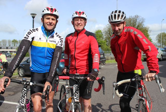 Tom Shanahan, Paudie Murphy and David Cotter at the start of the Fenit Lifeboat Cycle from O'Donnell's Mounthawk on Saturday morning. Photo by Dermot Crean