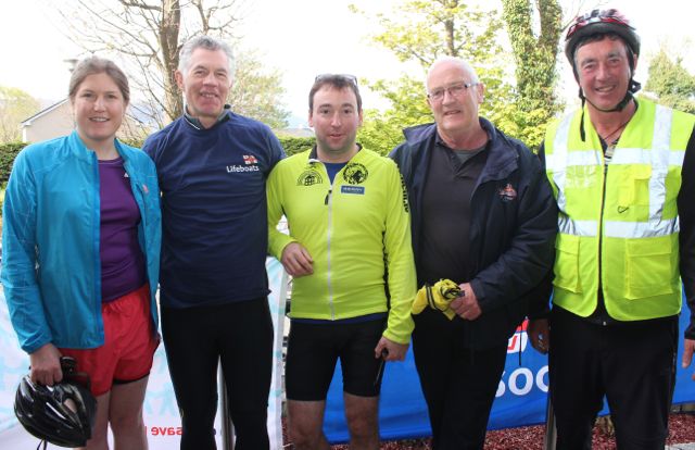Deirdre O'Donoghue, Brian O'Sullivan, Michael McCormack, Ger O'Donnell and Mike McDonnell at the start of the Fenit Lifeboat Cycle from O'Donnell's Mounthawk on Saturday morning. Photo by Dermot Crean