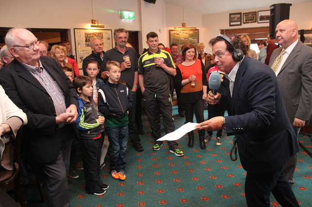 Marty Morrissey, puts the crowd through its paces before broadcast. Photo by Gavin O'Connor. 
