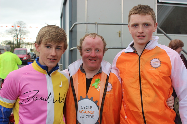 At the 'Live Life Campaign Cycle Against Suicide' on in Mercy Mounthawk were, from left: Tom Healy, Joseph McDade and Killian O'Riordan. Photo by Gavin O'Connor. 