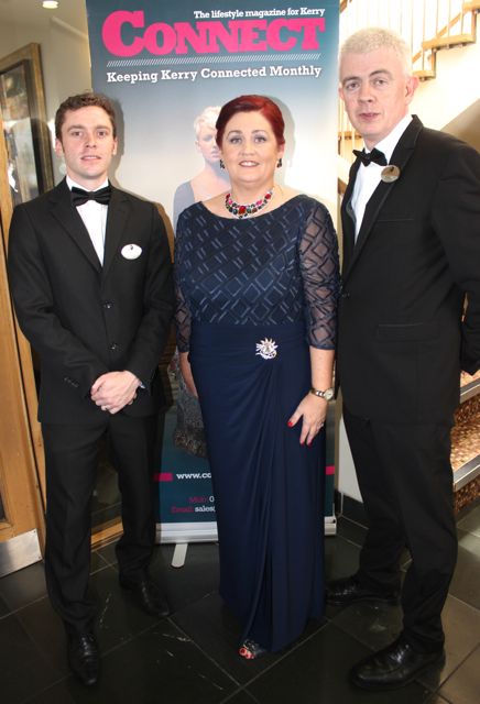 Organiser of the Connect Kerry Lee Strand Women in Business Awards, Margaret Brick with Jonathan Collins and Mark O'Sullivan of the Ballyroe Heights Hotel at the awards on Friday night. Photo by Dermot Crean