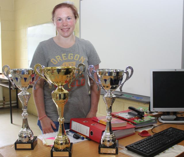 Danielle O'Sullivan, with the three trophies she won at the World Drug Free Powerlifting Association Championships in England. Photo by Gavin O'Connor.  