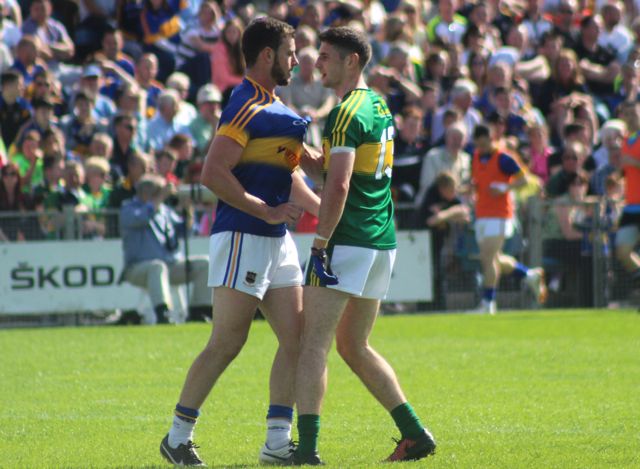 Kerry's, Paul Geaney squares up against his marker, Paddy Codd. Photo by Dermot Crean. 