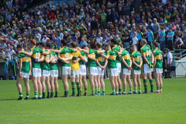 The Kerry team stand for the national anthe, 15 minutes later than expected. Photo by Dermot Crean. 