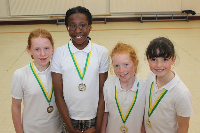 The Gaelscoil Mhic Easmainn pupils who won the gold medal in the relay race at the Kerry Primary Schools Championship, from left are: Roise Ni Dhomhnaill, Jane Akinrin, Aoife Ni Ruairc and Cuileann Nic Gabhan. Photo by Gavin O'Connor.