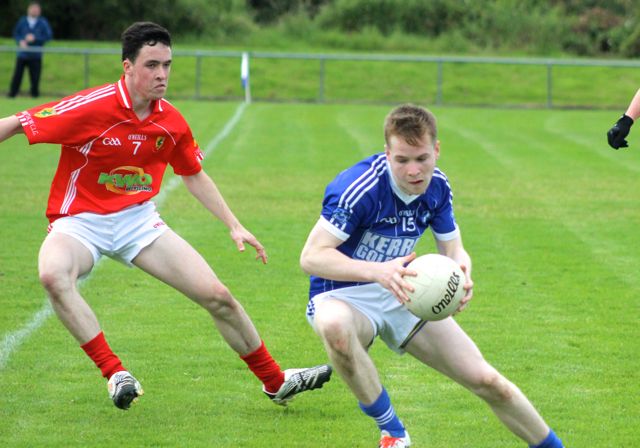 Ronan Quill, cuts inside his marker, James O'Donoghue, in the lead up to Kerins O'Rahilly's, second goal. Photo by Dermot Crean. 